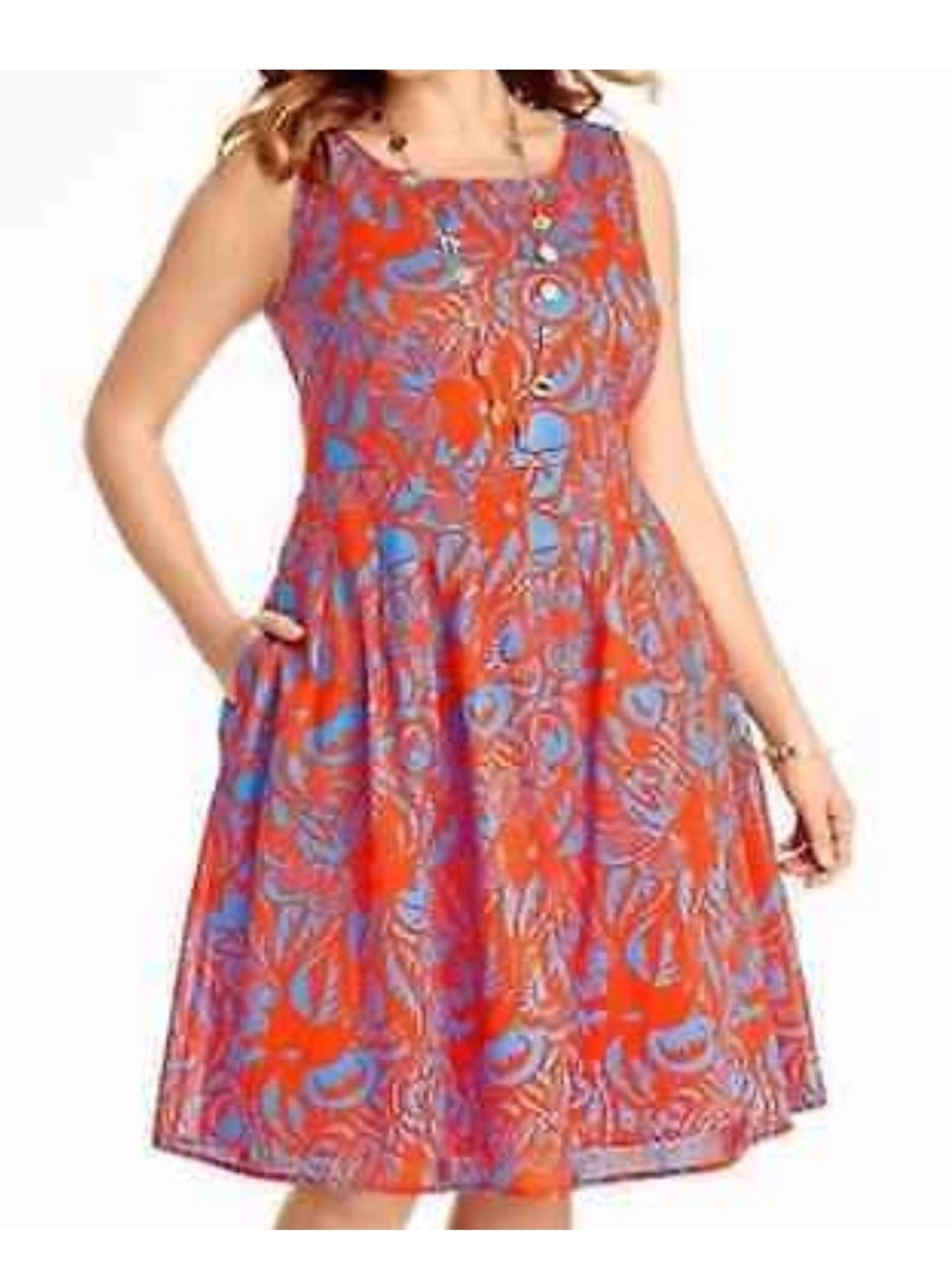 Talbots Orange Blue Floral Sleeveless Fit & Flare Dress 100% Cotton Pockets